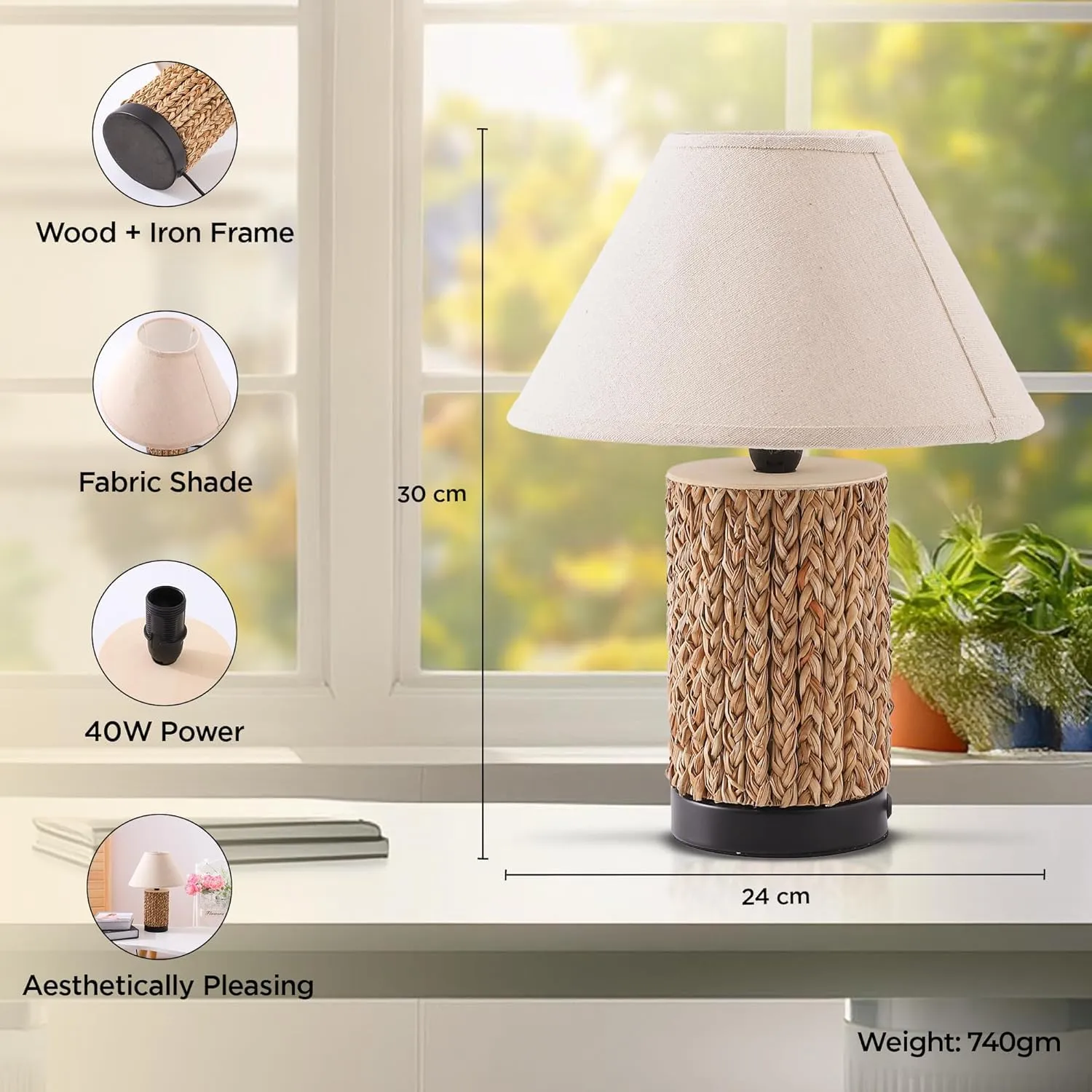 Ekhasa Wooden Bedside Lamp | Table Lamps for Home Decoration with Fabric Shade | Iron, Wooden Base Side Table Lamp for Living Room | Bed Side Lamp | Aesthetic Night Bed Lamps for Bedroom