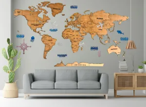 Elk 3D Wooden World Map Wall Decor - Metallic Teak Brown Color - Perfect Home Decor for Travel Enthusiasts Size : 90x52 CM