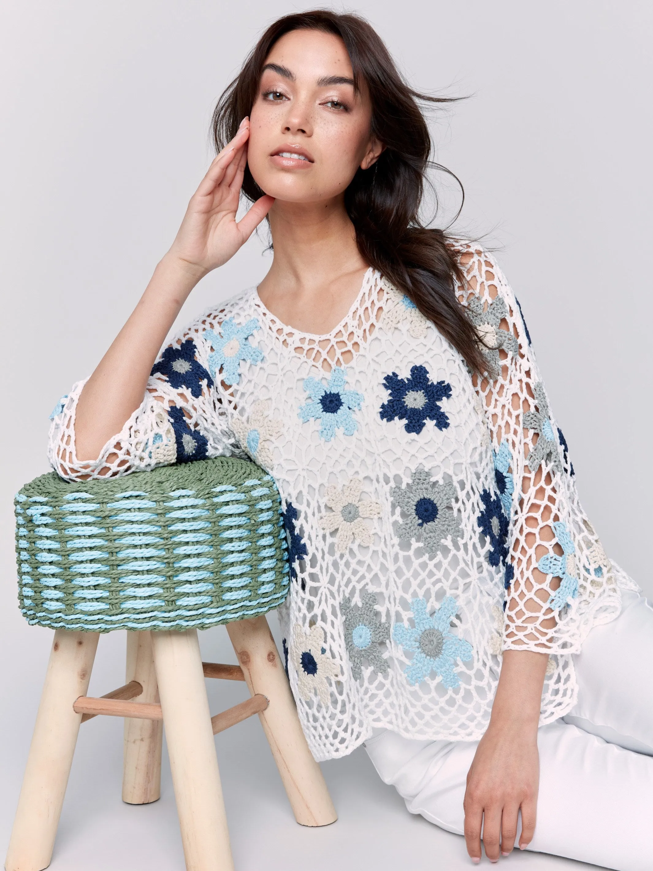 Handcrafted Floral Crochet Top - Blue