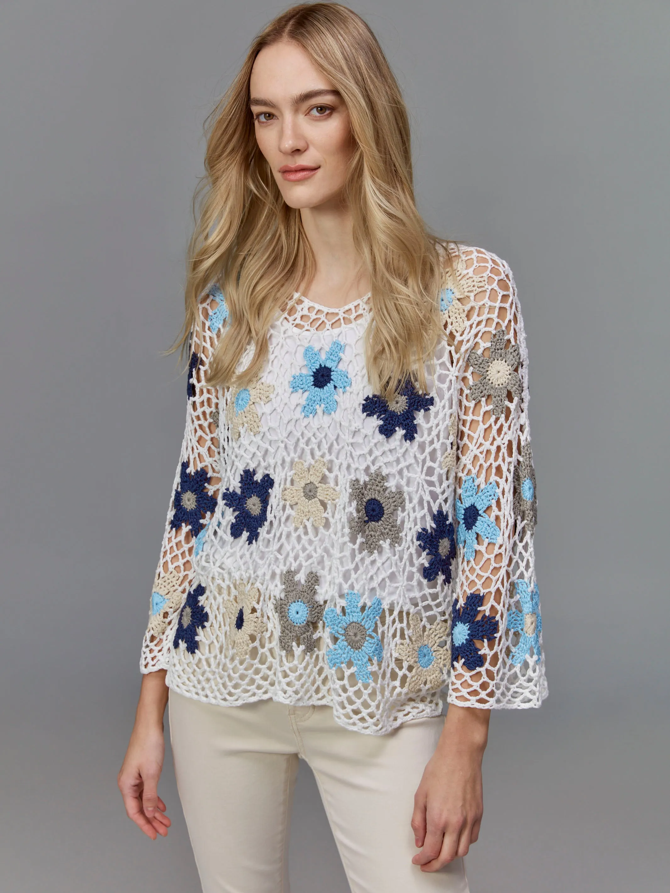 Handcrafted Floral Crochet Top - Blue