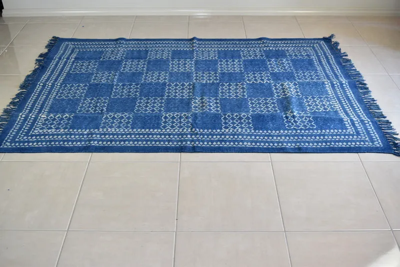 Handmade Geometrical Block Print Net Indigo Cotton Dhurrie Carpet