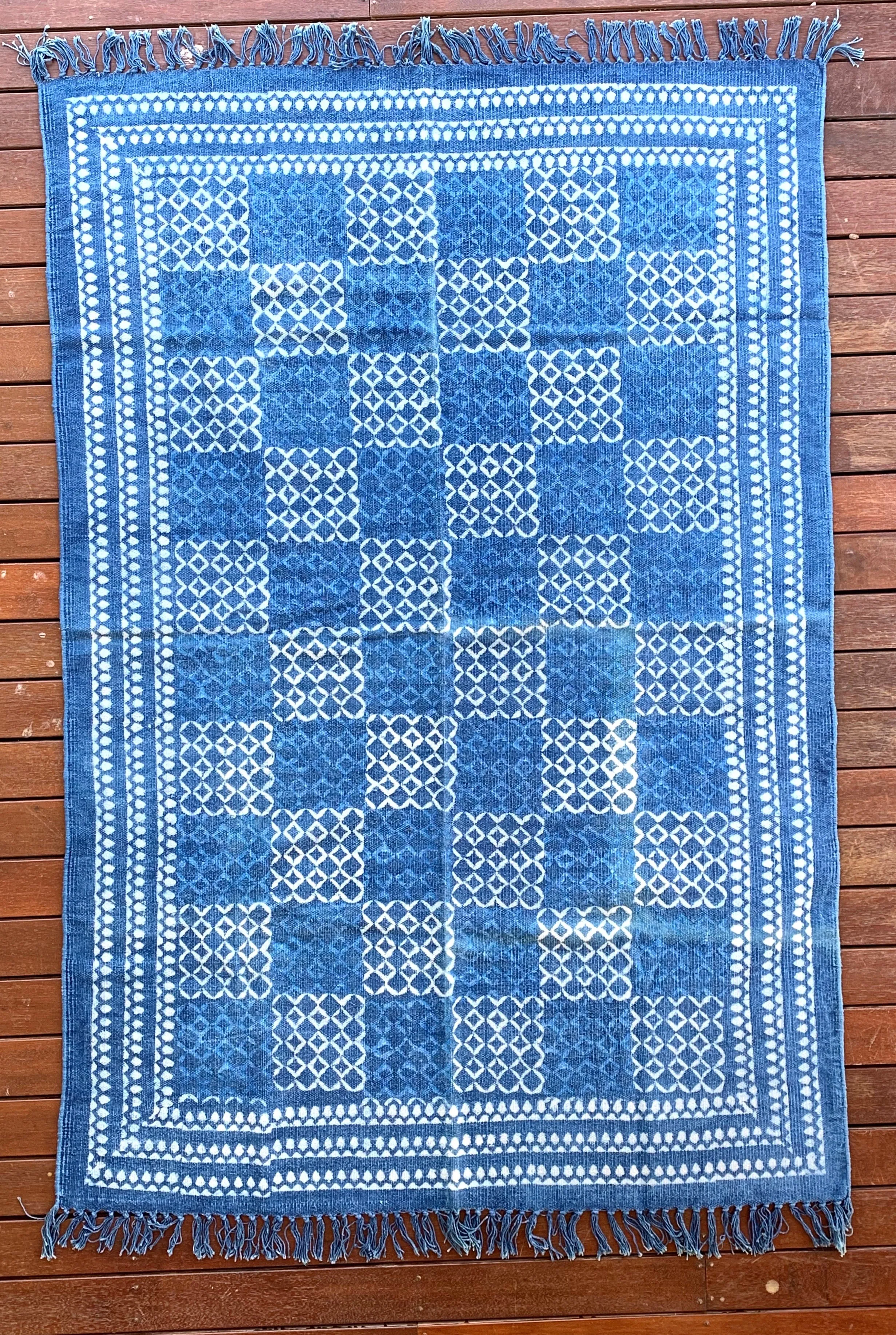 Handmade Geometrical Block Print Net Indigo Cotton Dhurrie Carpet