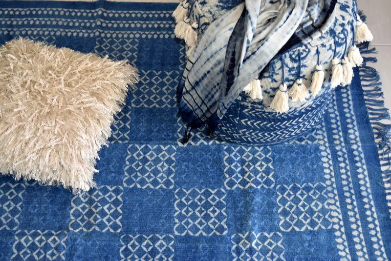 Handmade Geometrical Block Print Net Indigo Cotton Dhurrie Carpet