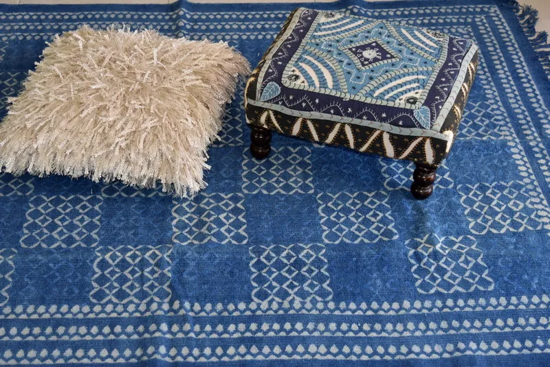 Handmade Geometrical Block Print Net Indigo Cotton Dhurrie Carpet
