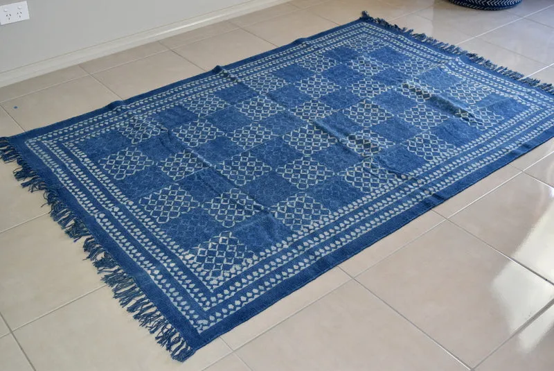 Handmade Geometrical Block Print Net Indigo Cotton Dhurrie Carpet