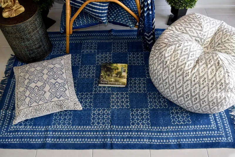 Handmade Geometrical Block Print Net Indigo Cotton Dhurrie Carpet