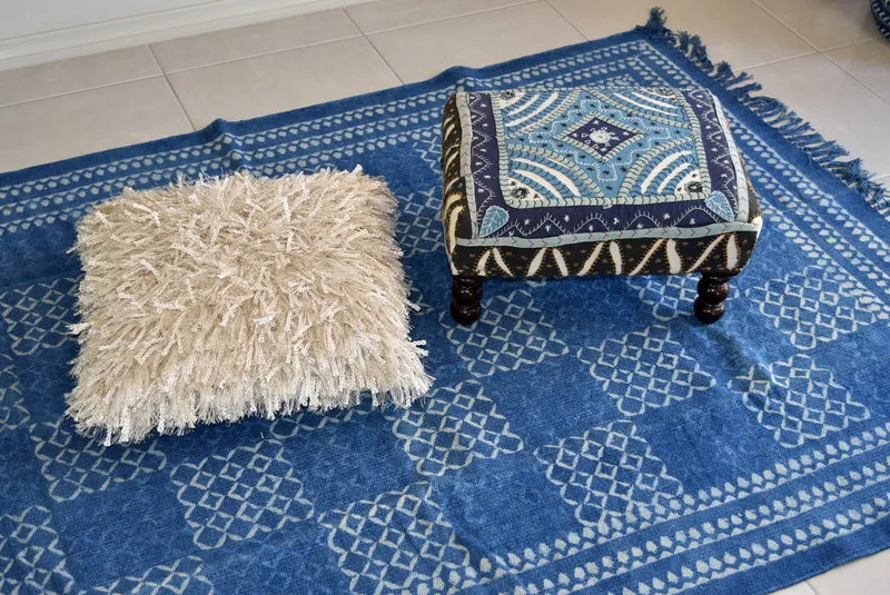 Handmade Geometrical Block Print Net Indigo Cotton Dhurrie Carpet