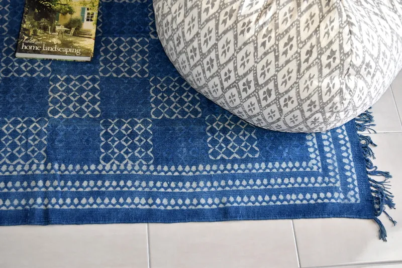 Handmade Geometrical Block Print Net Indigo Cotton Dhurrie Carpet