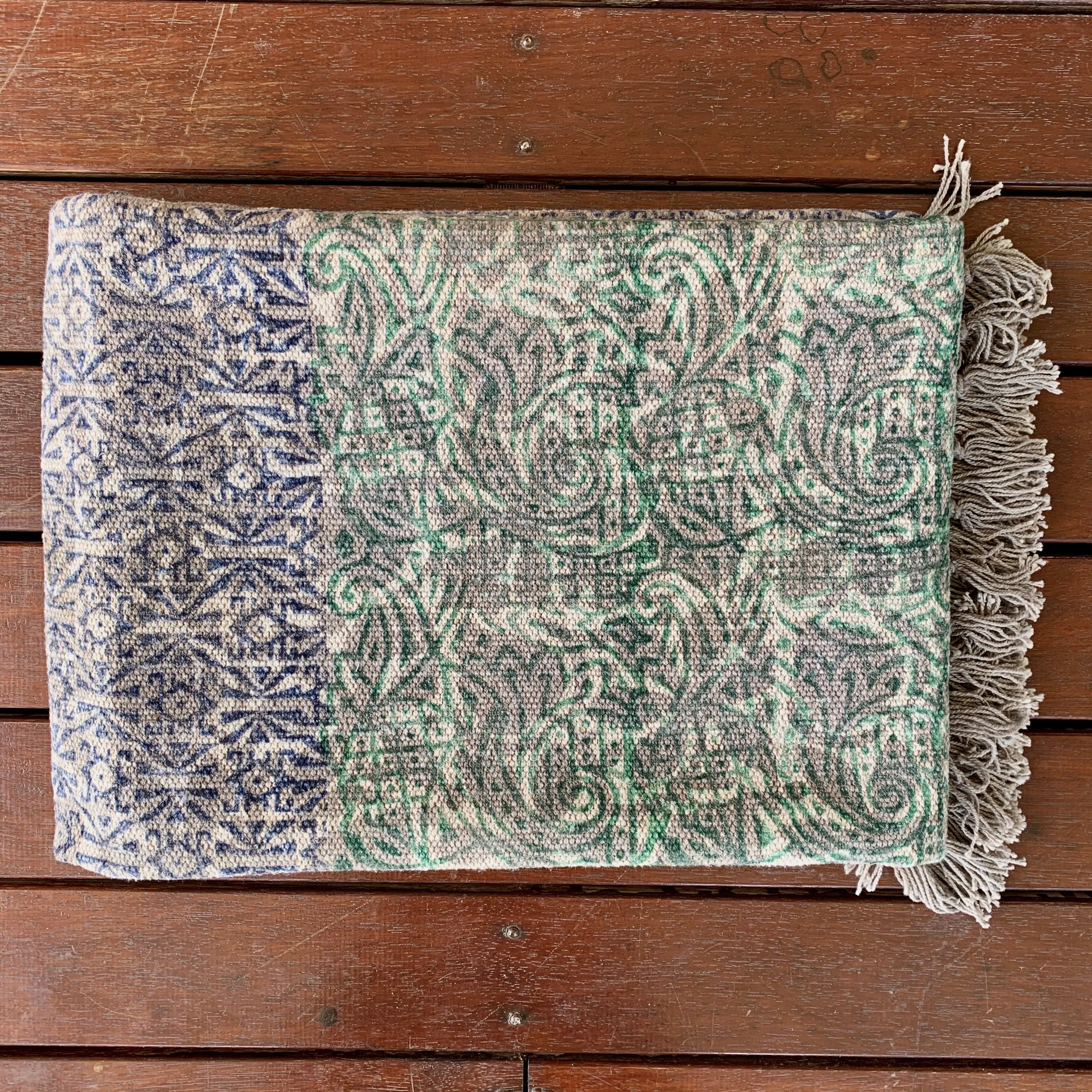 Handmade Olive Indigo Shade Block Print Cotton Dari Carpet
