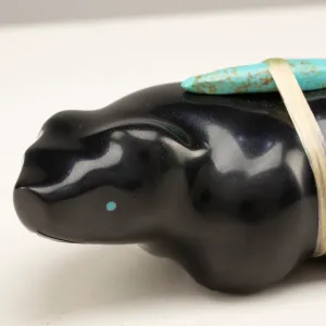 Herbert Halate Jet and Turquoise Handmade Zuni Fetish Bear Carving