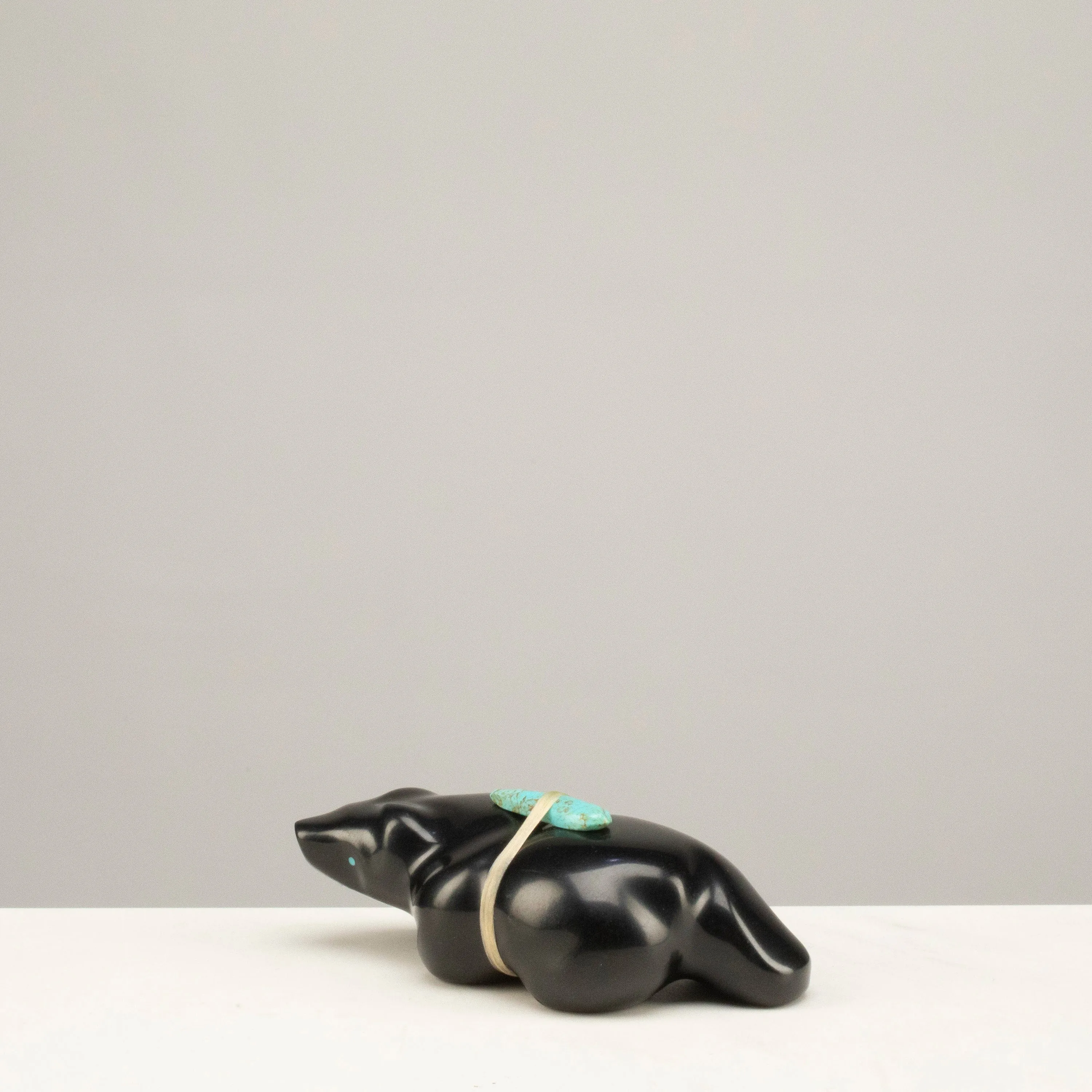 Herbert Halate Jet and Turquoise Handmade Zuni Fetish Bear Carving