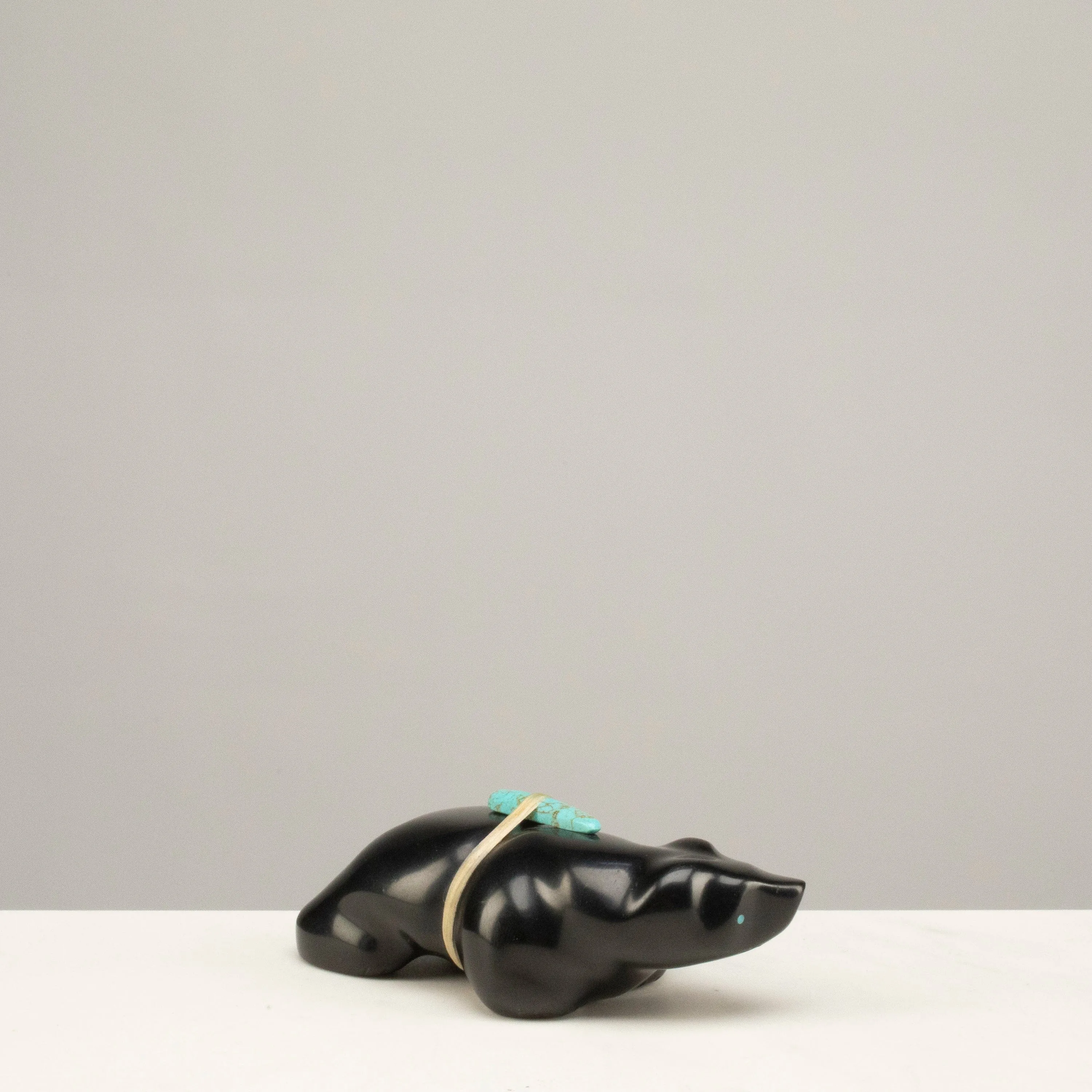 Herbert Halate Jet and Turquoise Handmade Zuni Fetish Bear Carving