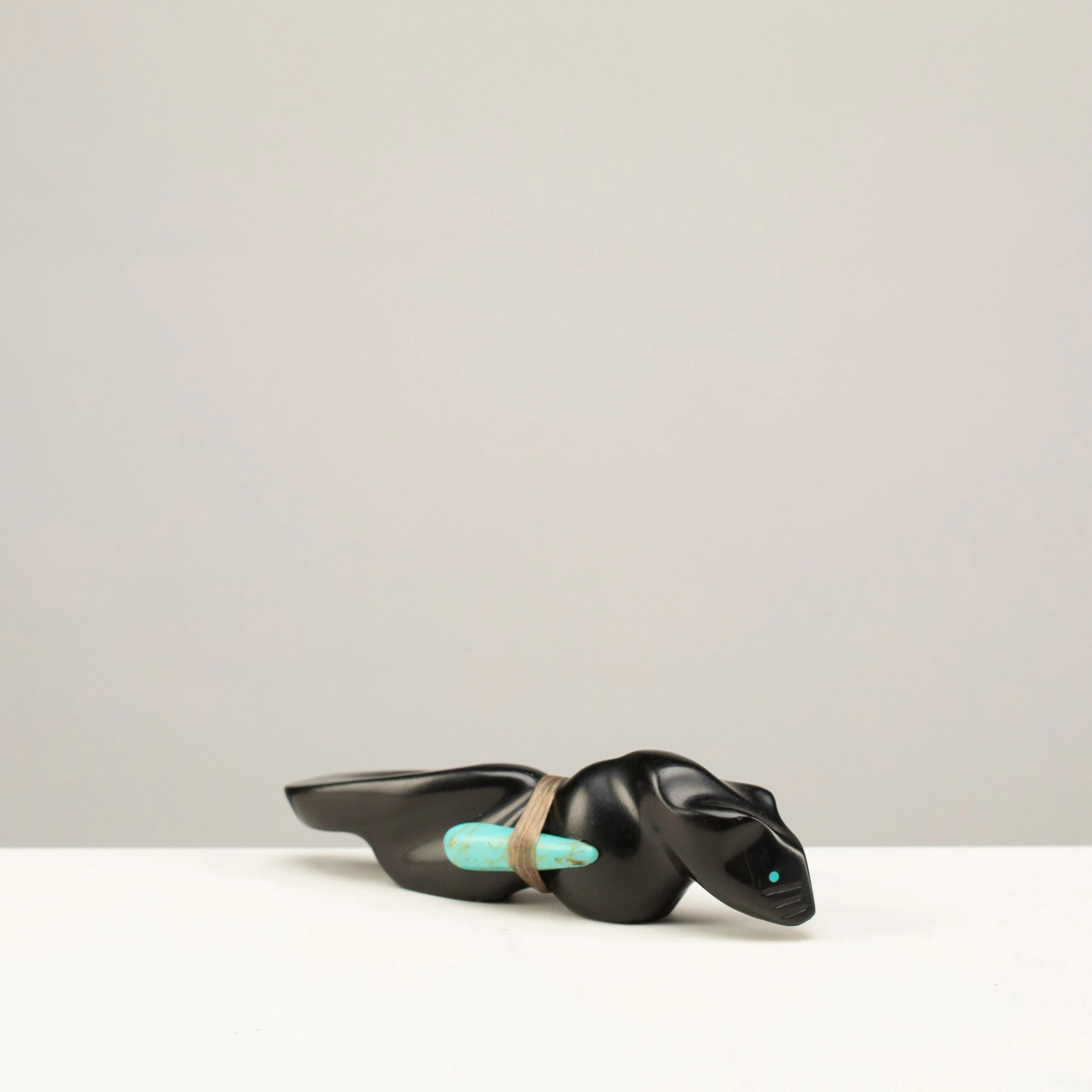 Herbert Halate Jet and Turquoise Handmade Zuni Fetish Bobcat Carving