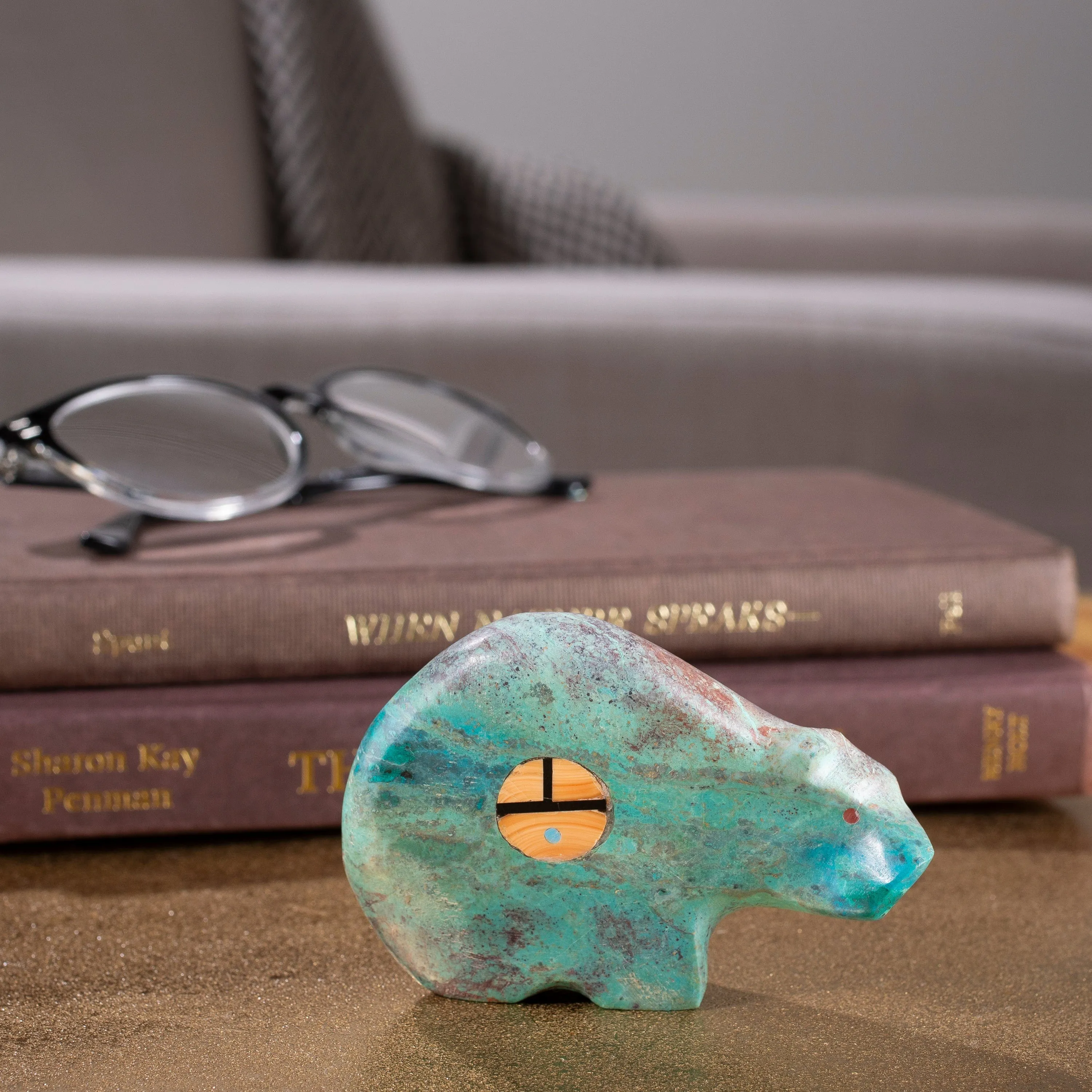 Turquoise with Spiny Oyster Zuni Sunface Inlay Handmade Zuni Fetish Bear Carving