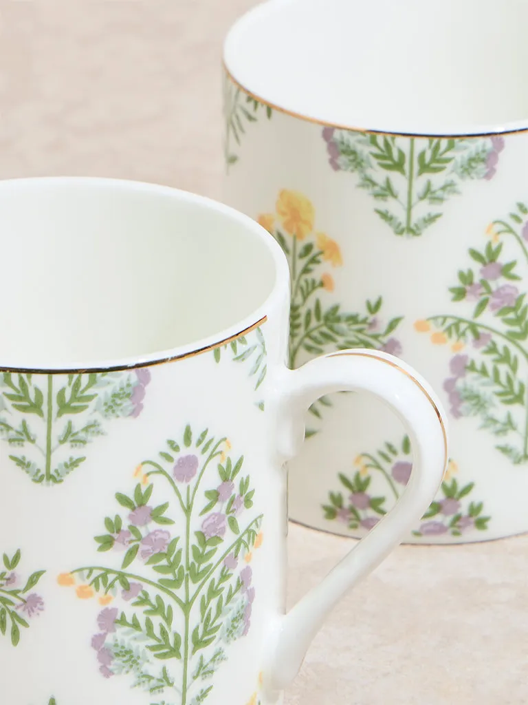 Westside Home Yellow and Green Botanical Printed Large Mugs  (Set of 2)