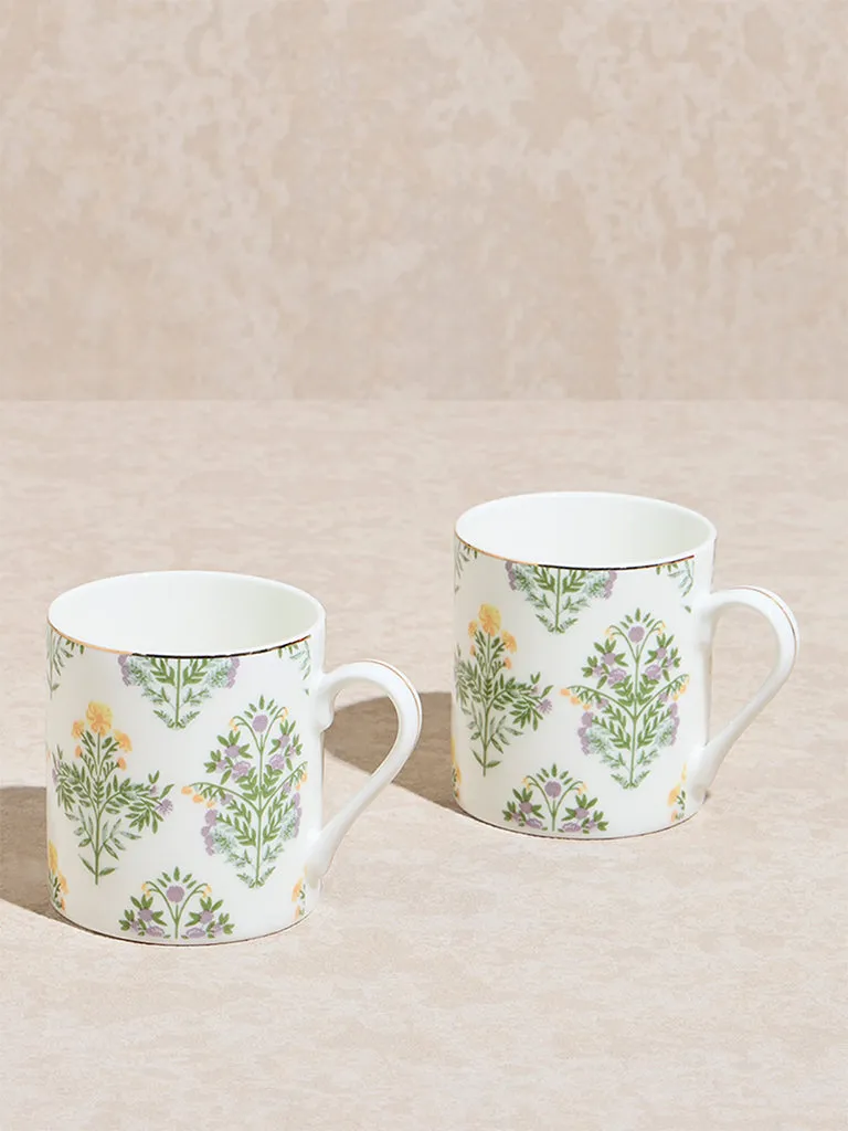 Westside Home Yellow and Green Botanical Printed Large Mugs  (Set of 2)